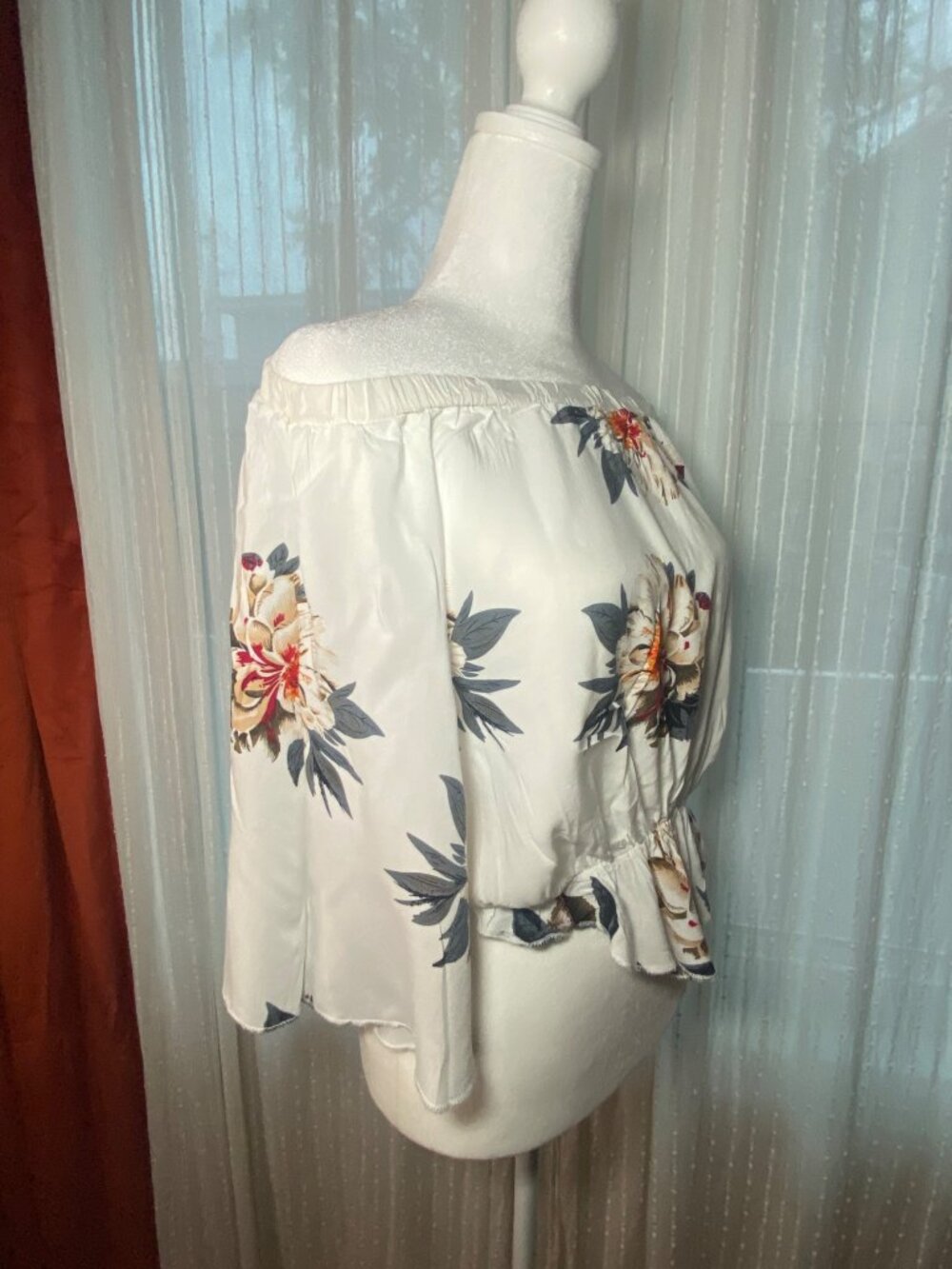 Ivory Floral Off Shoulder Bell Sleeve Crop Top